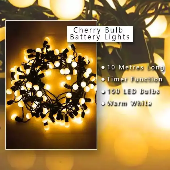 Cherry bulb LED battery Christmas lights 10 metre long with 100 warm white LEDs for indoor and outdoor use