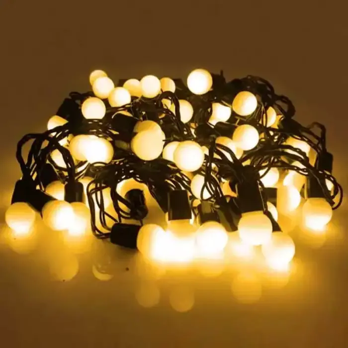 Cherry bulb LED battery Christmas lights 10 metre long with 100 warm white LEDs for indoor and outdoor use