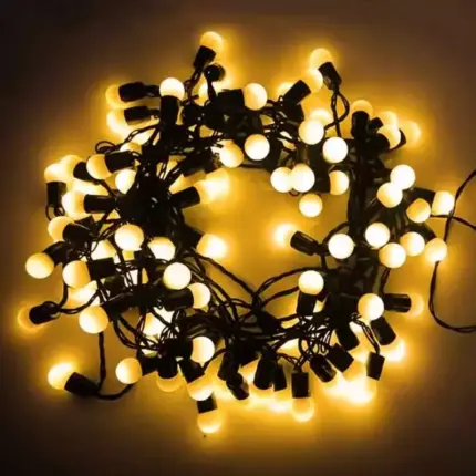 Cherry bulb LED battery Christmas lights 10 metre long with 100 warm white LEDs for indoor and outdoor use