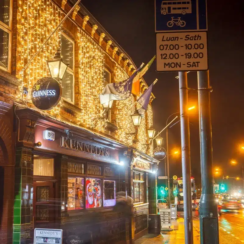 Connectable-LED-Curtain-Lights-3M-Warm-White-Kennedys-Pub Connectable LED curtain lights 3m drop warm white on Kennedy's Pub Building