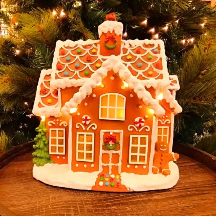 Gingerbread house Christmas village scene and tabletop decor