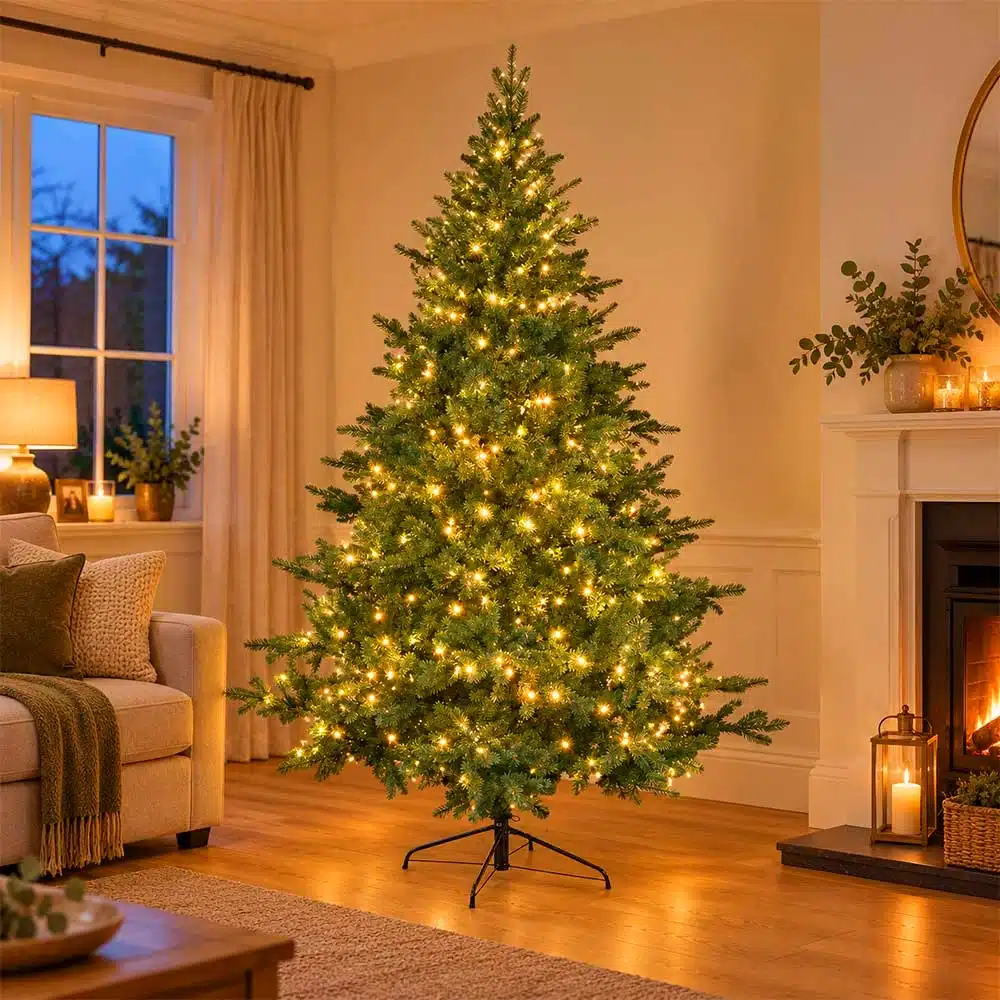 7.5ft-pre-lit-pine-green-artificial-Christmas-tree-in-living-room 7.5ft pre lit pine green artificial Christmas tree in living room
