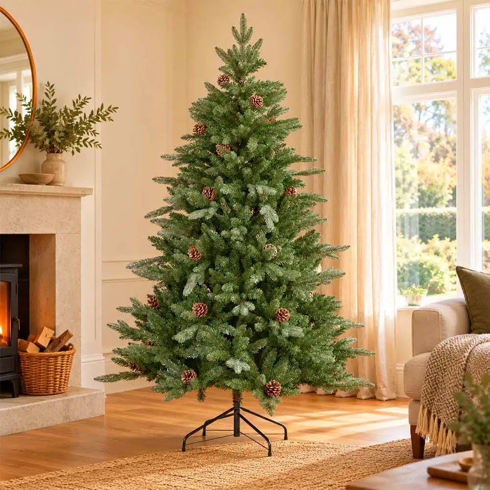 7ft-artificial-unlit-Christmas-tree-with-pine-cones-in-living-room 7ft artificial unlit Christmas tree with pine cones in living room