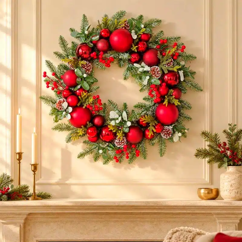 Christmas-wreath-with-red-baubles-above-a-mantel Christmas wreath with red baubles 61cm above a mantel