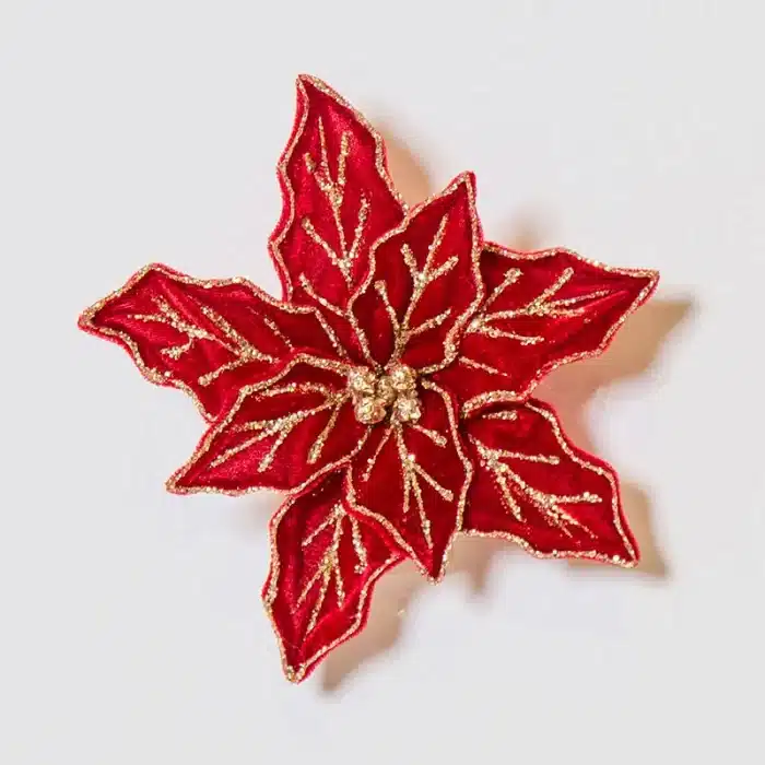 Red Flower With Gold Glitter Christmas Tree Decoration