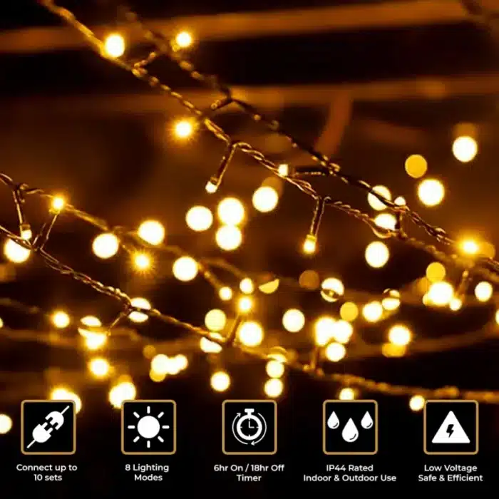 100 LED multifunction connectable Christmas lights black cable features