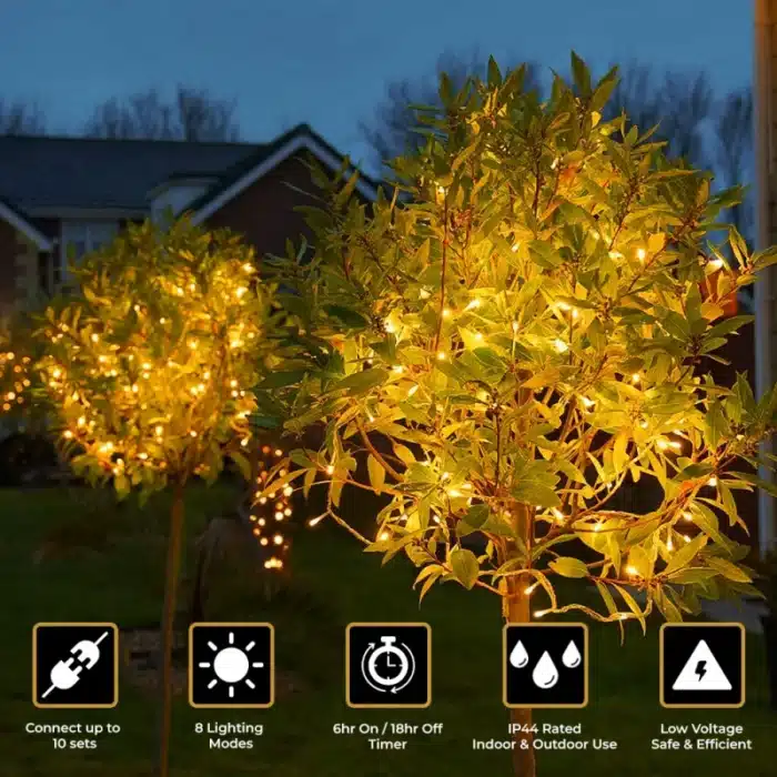 100 LED multifunction connectable Christmas lights clear cable features