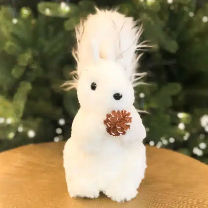 Fluffy squirrel with pine cone Christmas decoration 26cm tall front angle