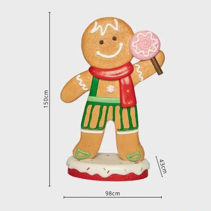 Large battery operated LED fibreglass gingerbread boy with candy Christmas decoration dimensions